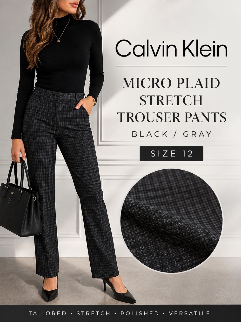 Calvin Klein Micro Plaid Stretch Straight Leg Trouser Pants Black Gray Size 12